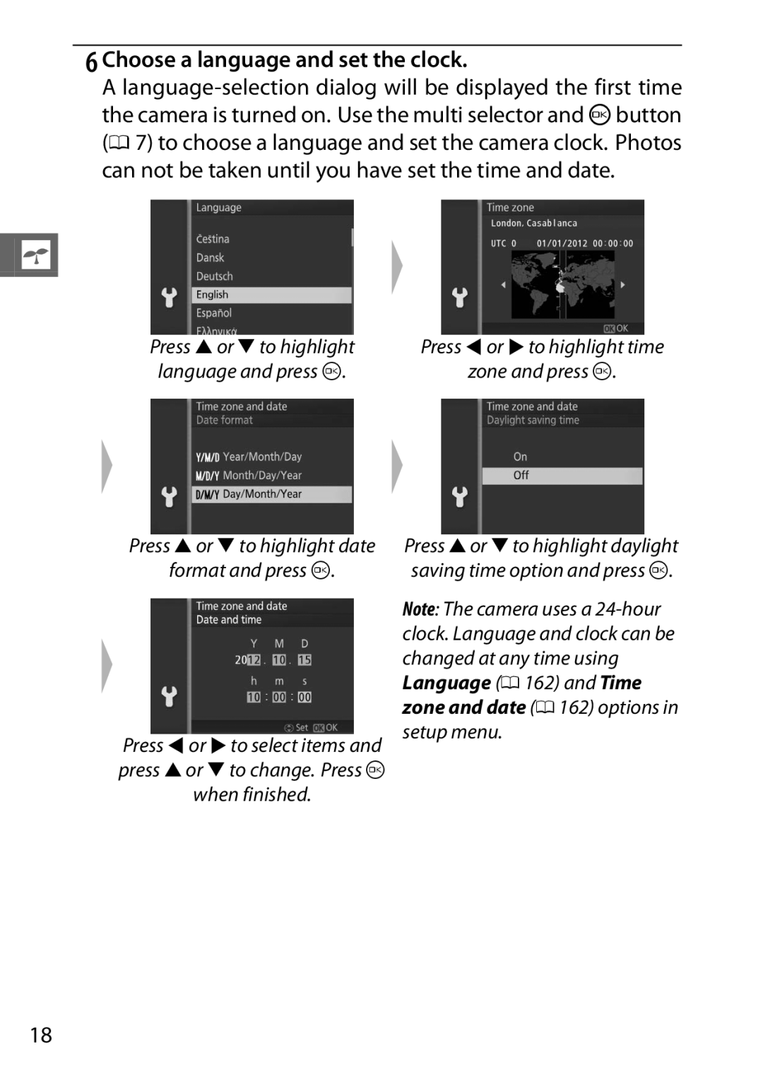 Nikon 27649, J3 White, 27658, 27638, 27637 manual Choose a language and set the clock 