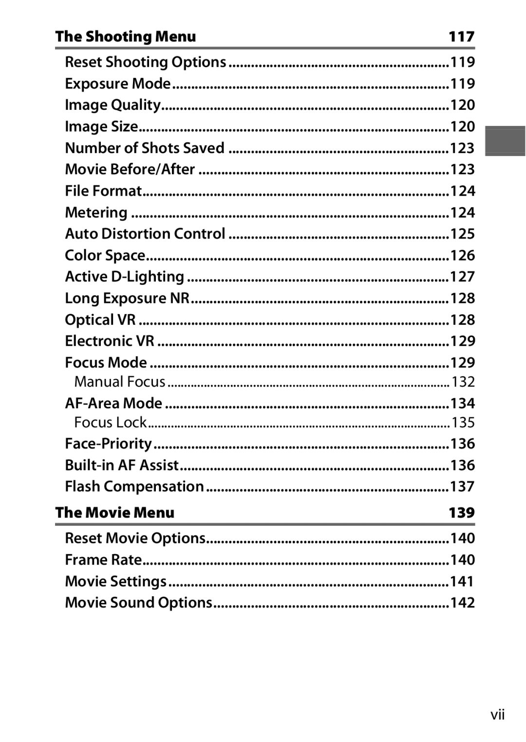 Nikon 27638 Shooting Menu 117, 119, 120, 123, 124, 126, 127, 128, 129, 132, 134, 135, 136, 137, Movie Menu 139, 140, 141 