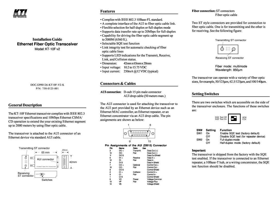 Nikon KT-10FV2 specifications Installation Guide, General Description, Features, Connectors & Cables, Setting Switches 
