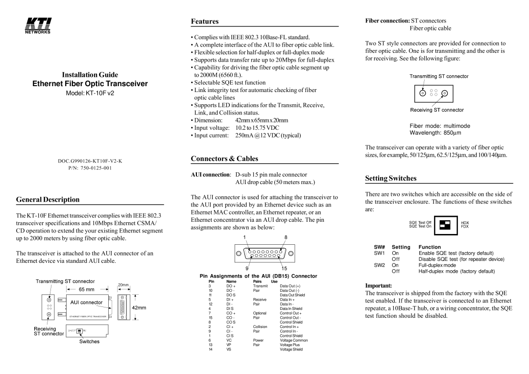 Nikon KT-10FV2 specifications Installation Guide, General Description, Features, Connectors & Cables, Setting Switches 