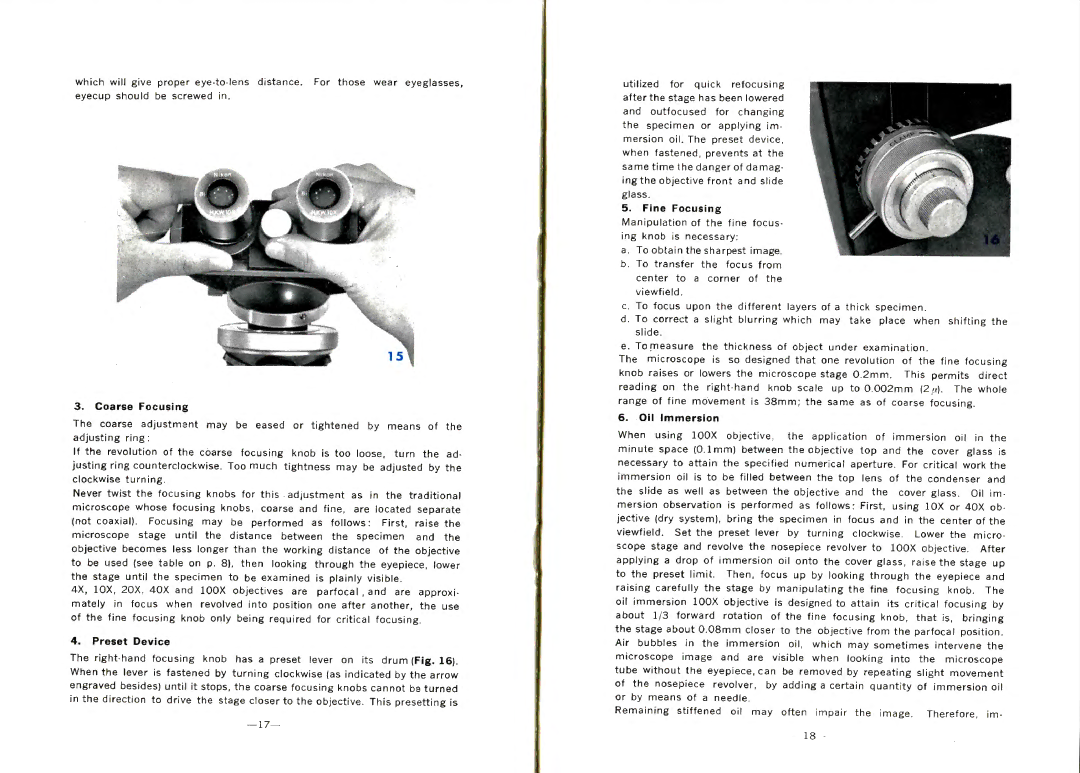 Nikon L-Ke manual Coarse Focusing, Preset Device, Fine Focusing, Oil Immersion 