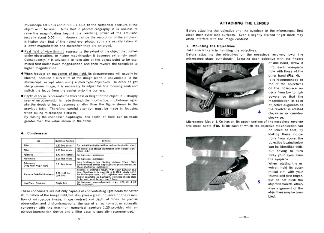 Nikon L-Ke manual Attaching the Lenses, Condensers, Mounting the Objectives 