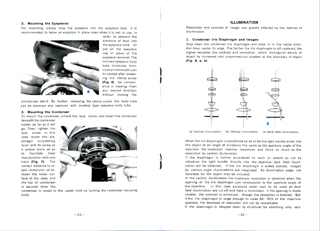 Nikon L-Ke manual Illumination, Mounting the Eyepieces, IVIounting the Condenser, Condenser Iris Diaphragm and Images 