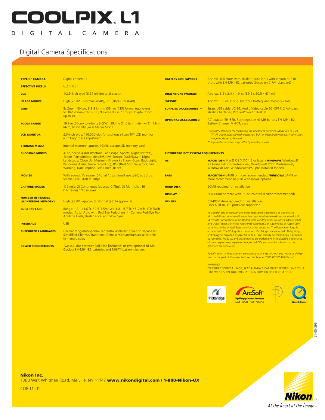 Nikon L1 manual Digital Camera Speciﬁcations 