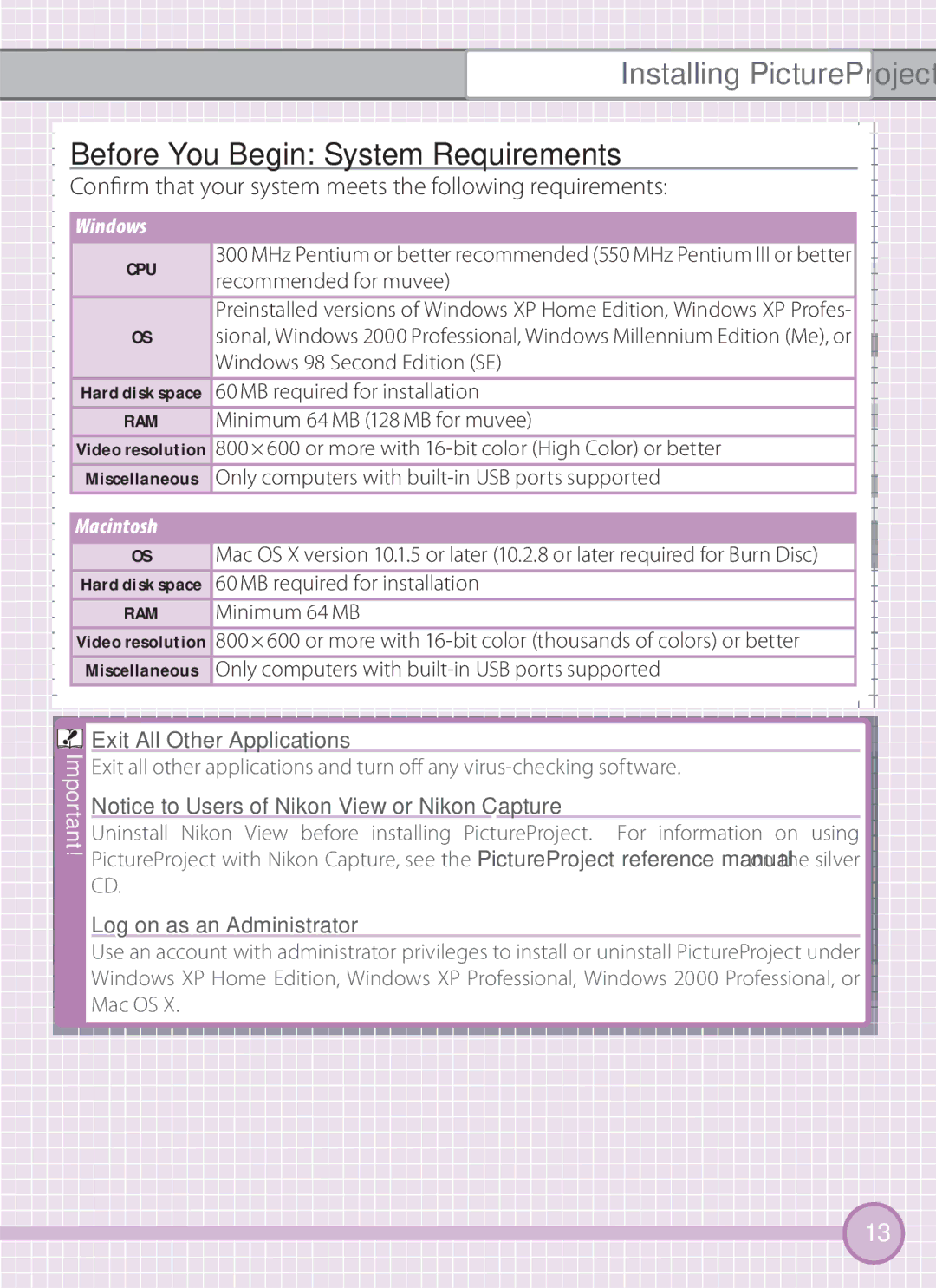 Nikon L101 Before You Begin System Requirements, Conﬁrm that your system meets the following requirements, Mac OS 