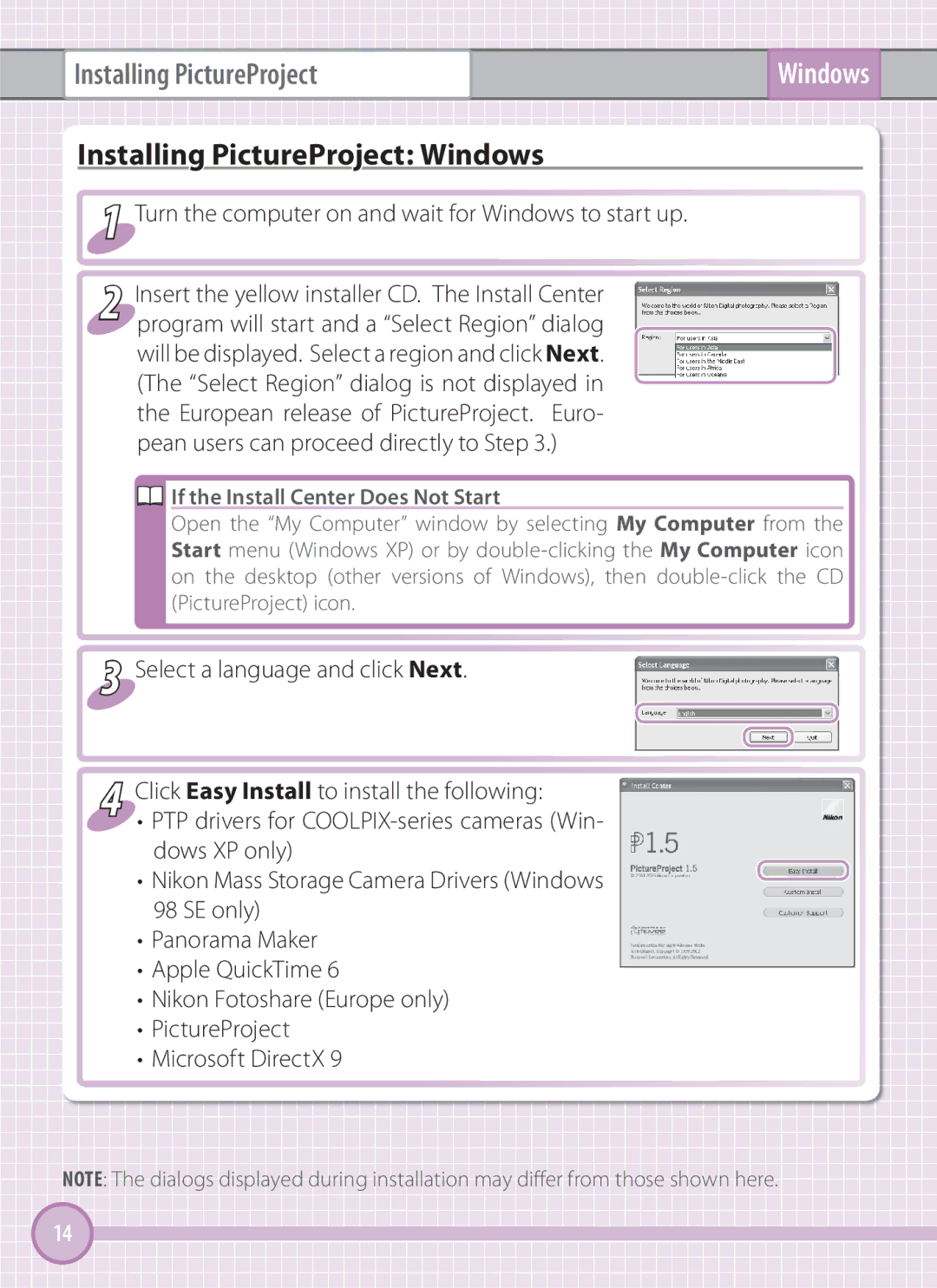 Nikon L101 quick start Installing PictureProject Windows, Select a language and click Next, Dows XP only, SE only 