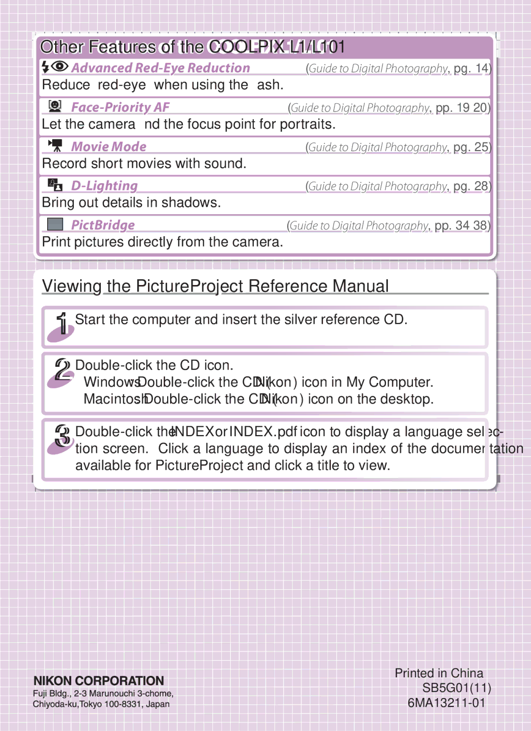 Nikon quick start Other Features of the Coolpix L1/L101, Viewing the PictureProject Reference Manual 