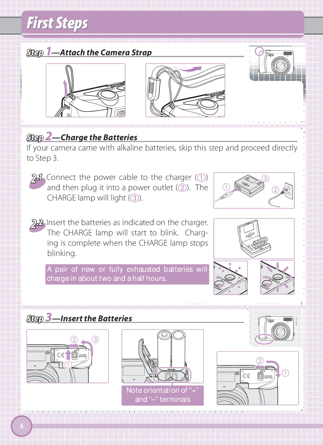 Nikon L101 quick start First Steps, Attach the Camera Strap Charge the Batteries, To Step, Insert the Batteries 