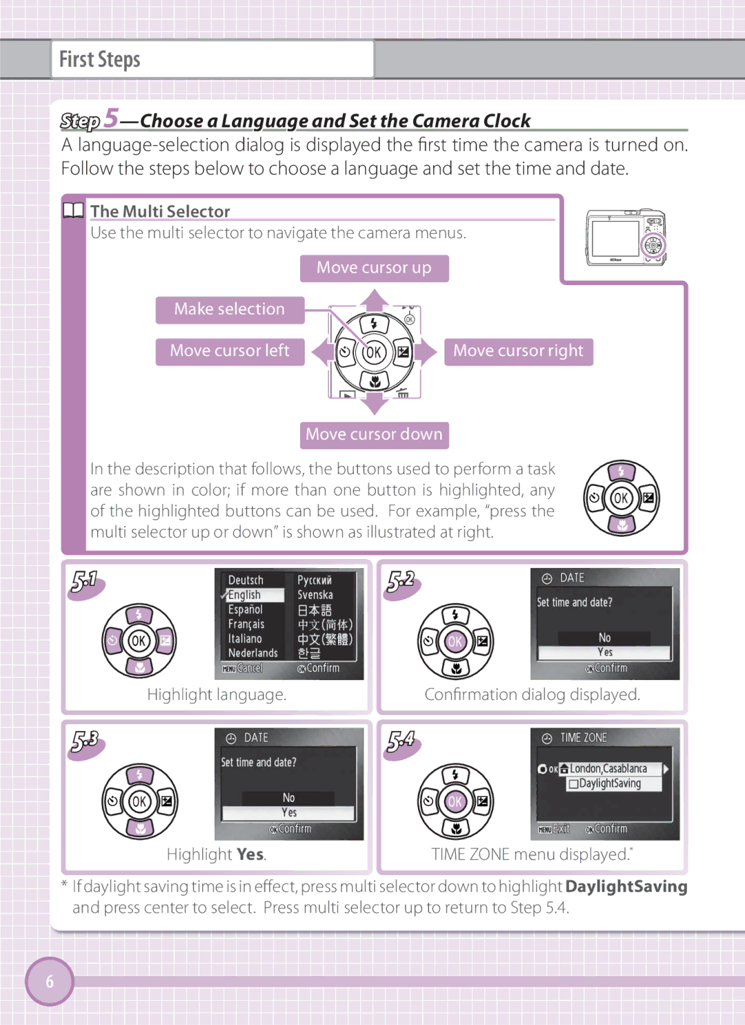 Nikon L101 Choose a Language and Set the Camera Clock, Multi Selector, Use the multi selector to navigate the camera menus 