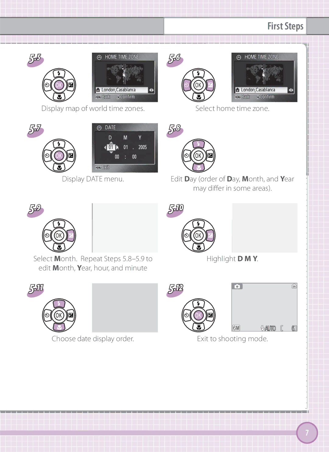 Nikon L101 quick start Display Date menu, Highlight D M Y, Choose date display order 