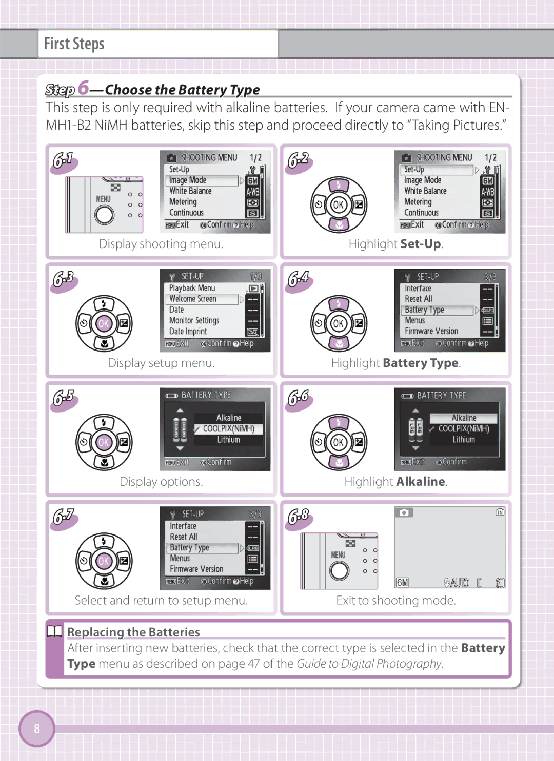 Nikon L101 quick start Choose the Battery Type, Highlight Battery Type, Replacing the Batteries 