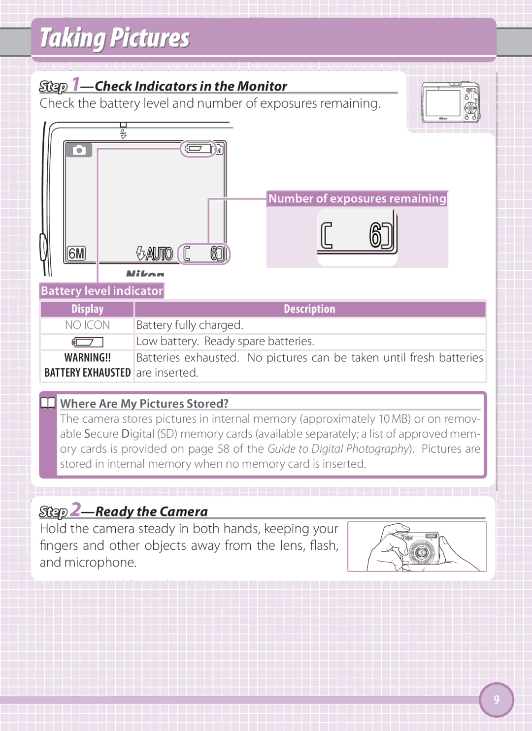 Nikon L101 Taking Pictures, Check Indicators in the Monitor, Check the battery level and number of exposures remaining 