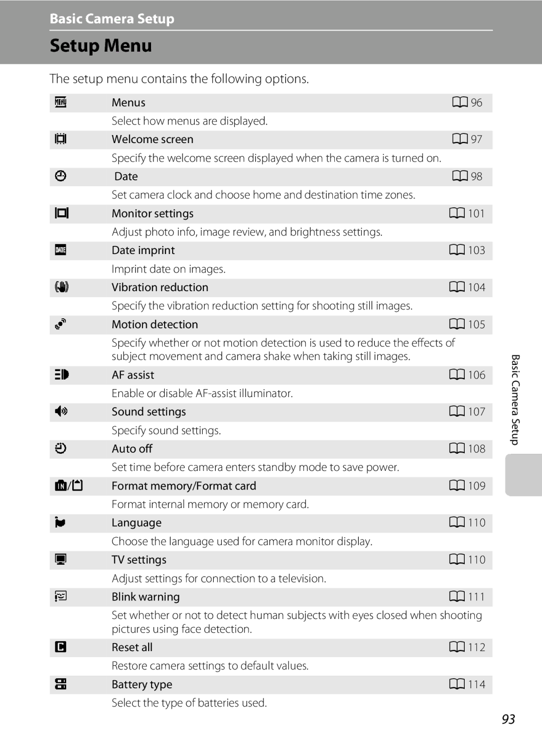 Nikon COOLPIXL110BK, COOLPIXL110RED Setup Menu, Setup menu contains the following options, Date, Motion detection 105 