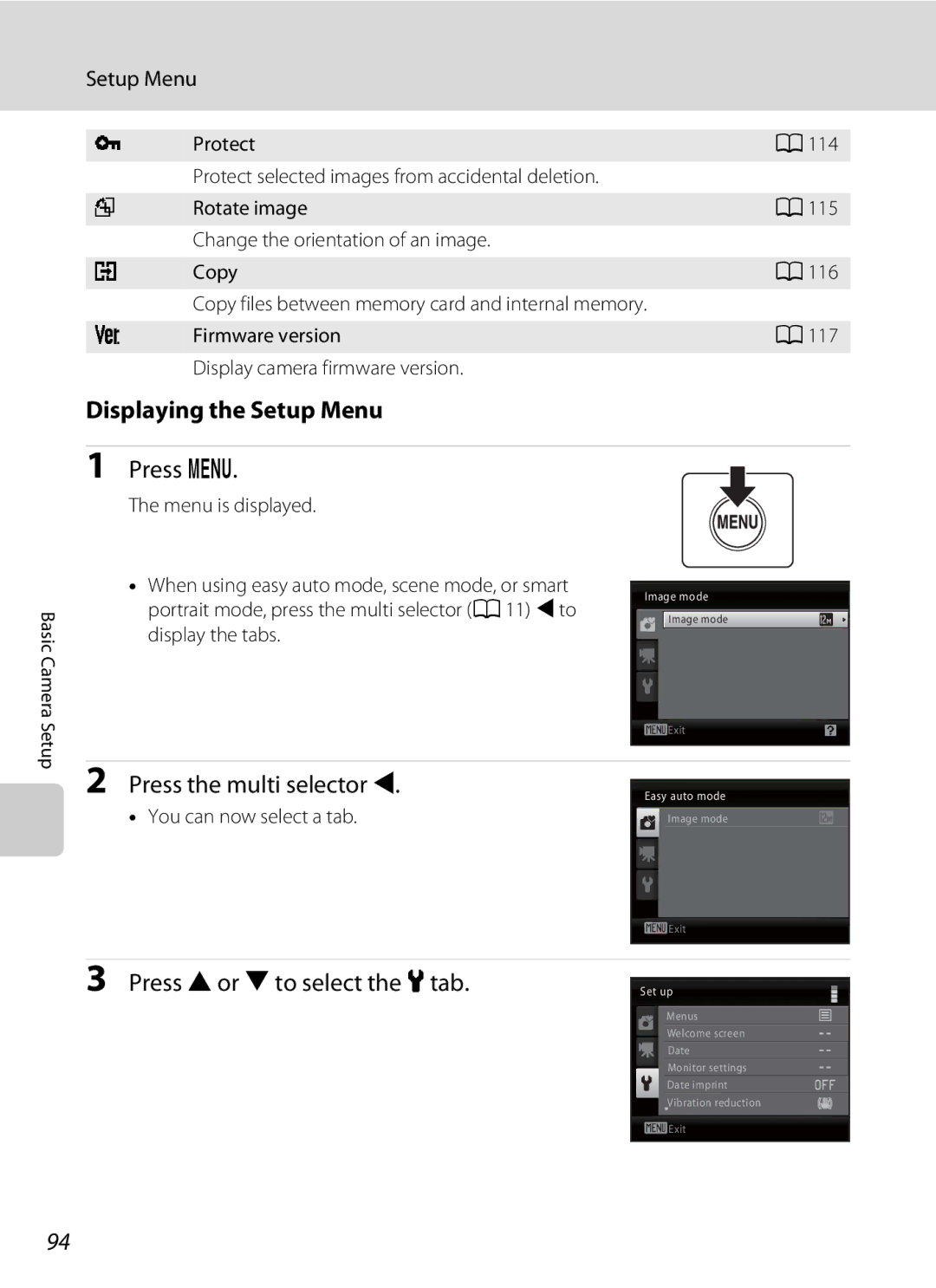 Nikon COOLPIXL110RED, COOLPIXL110BK, Coolpix L110 user manual Displaying the Setup Menu, Press d, Menu is displayed 