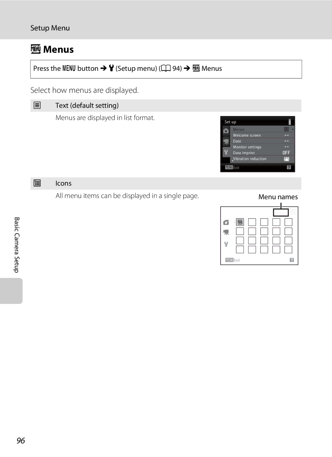 Nikon COOLPIXL110BK Select how menus are displayed, Press the d button M zSetup menu a 94 M aMenus, Icons 