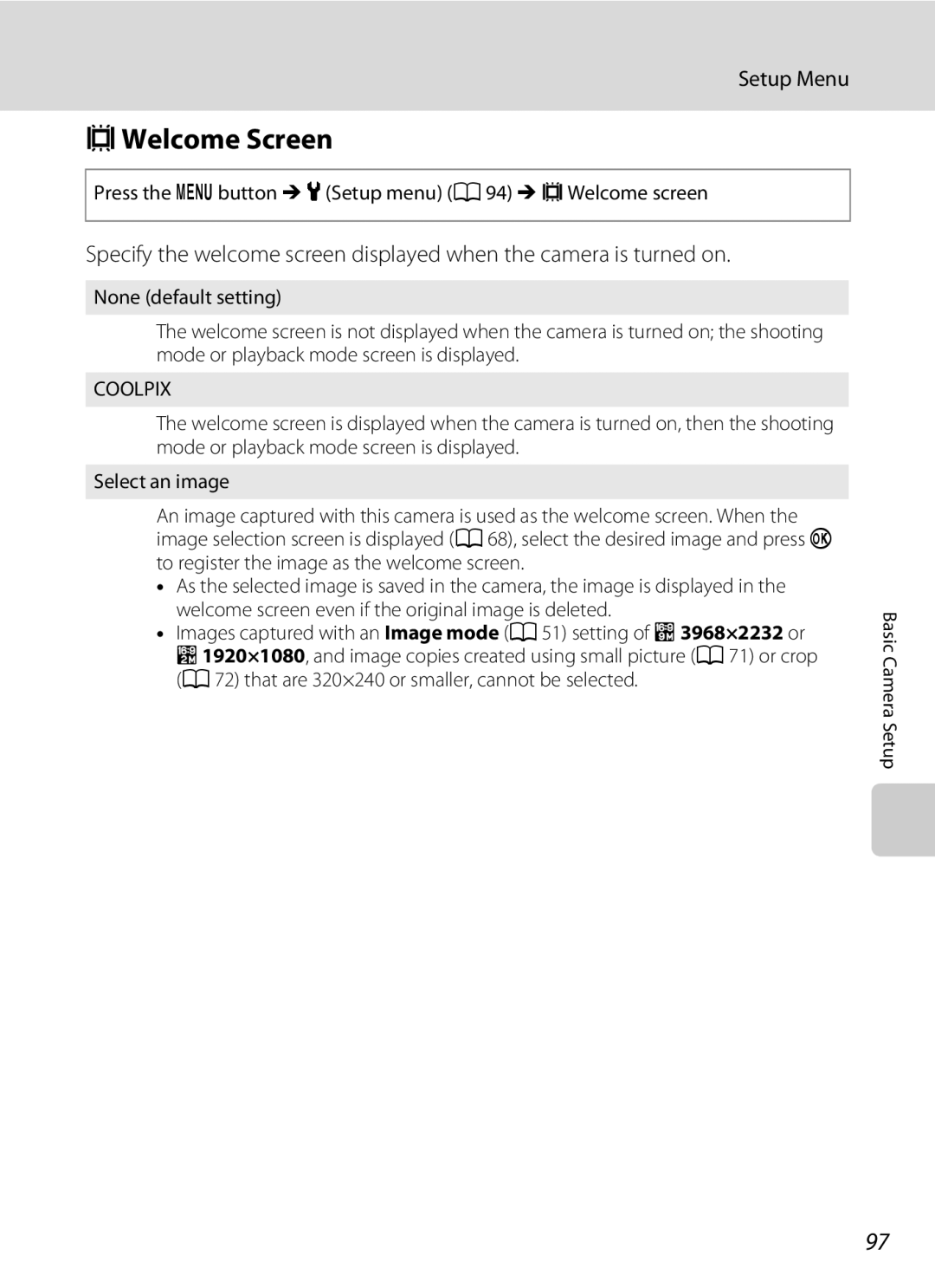 Nikon COOLPIXL110BK, COOLPIXL110RED, Coolpix L110 CWelcome Screen, Press the d button M zSetup menu a 94 M cWelcome screen 