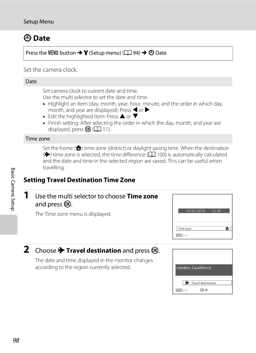 Nikon COOLPIXL110RED Date, Setting Travel Destination Time Zone, Use the multi selector to choose Time zone and press k 