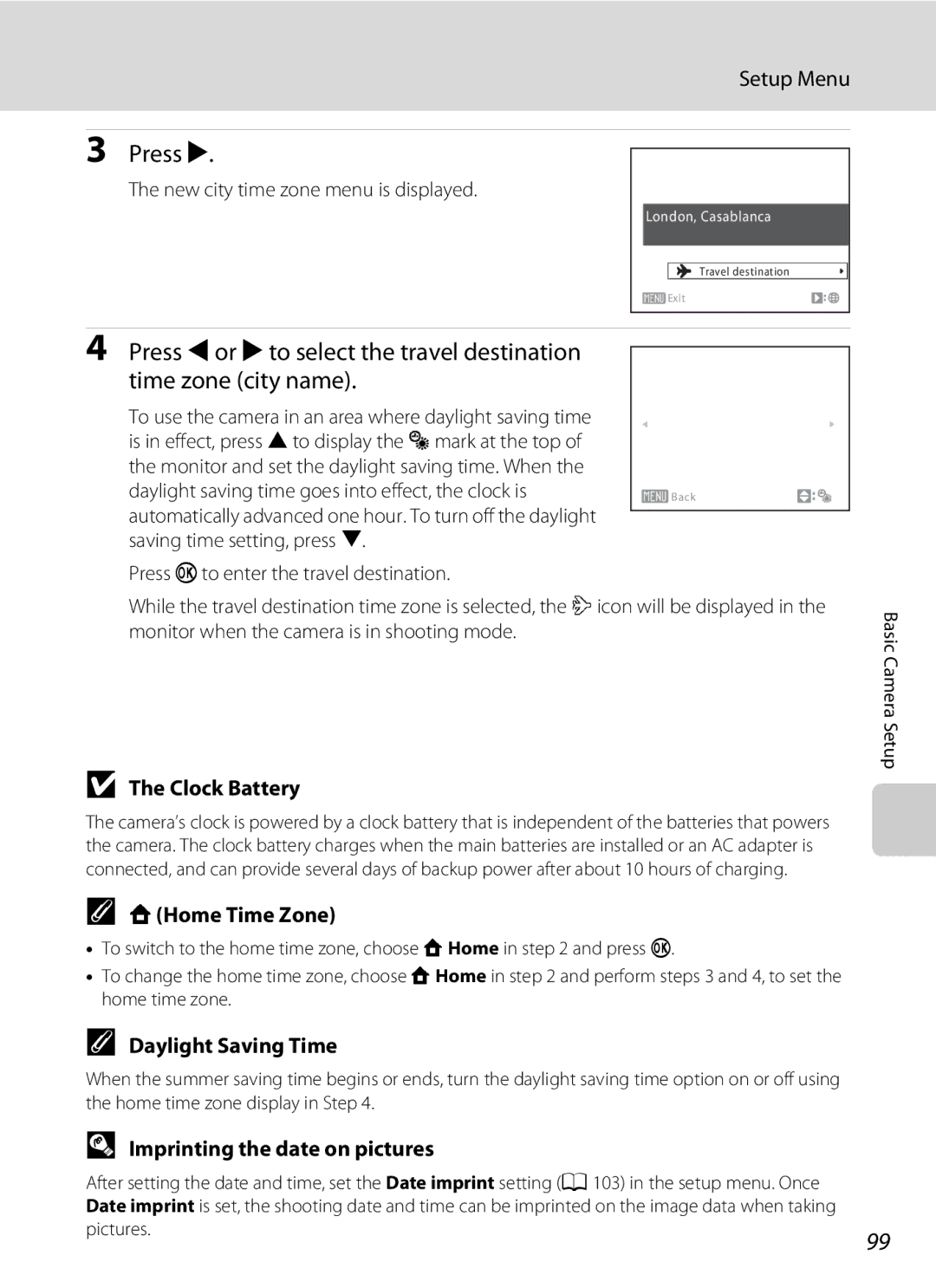 Nikon Coolpix L110, COOLPIXL110BK, COOLPIXL110RED user manual Clock Battery, WHome Time Zone, Imprinting the date on pictures 