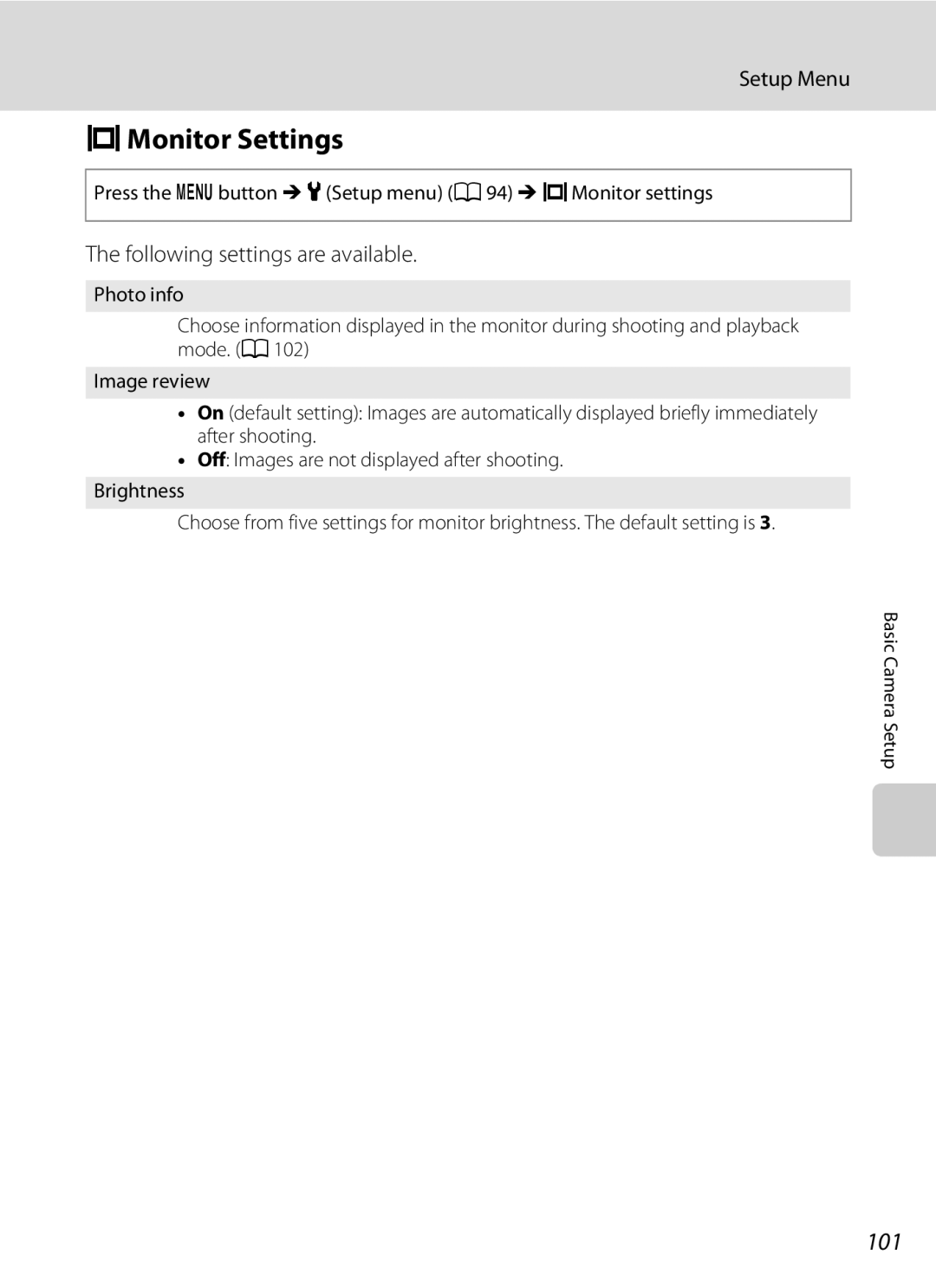 Nikon COOLPIXL110BK, COOLPIXL110RED, Coolpix L110 user manual EMonitor Settings, 101, Following settings are available 