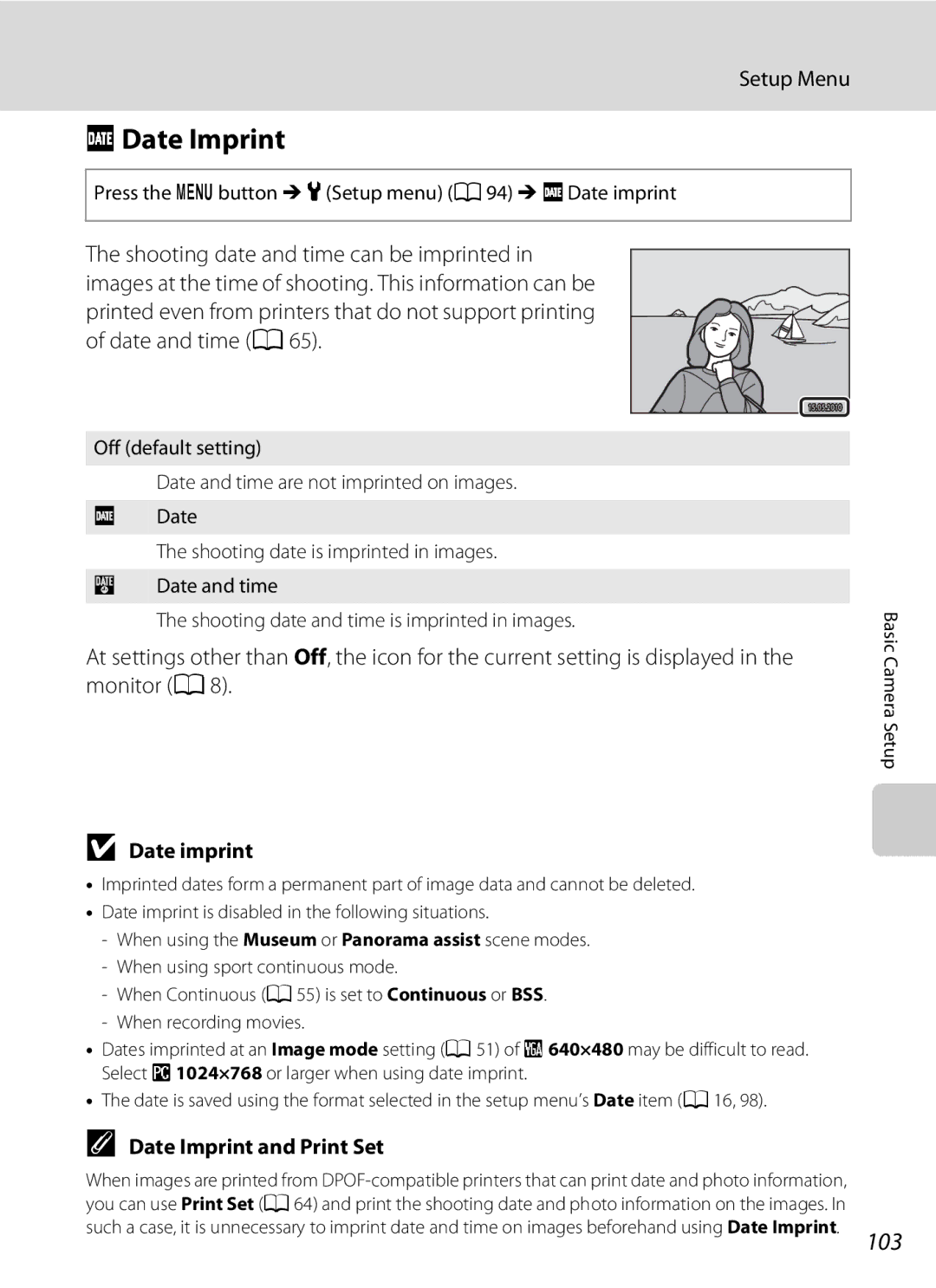 Nikon Coolpix L110 FDate Imprint, 103, Date Imprint and Print Set, Press the d button M zSetup menu a 94 M fDate imprint 