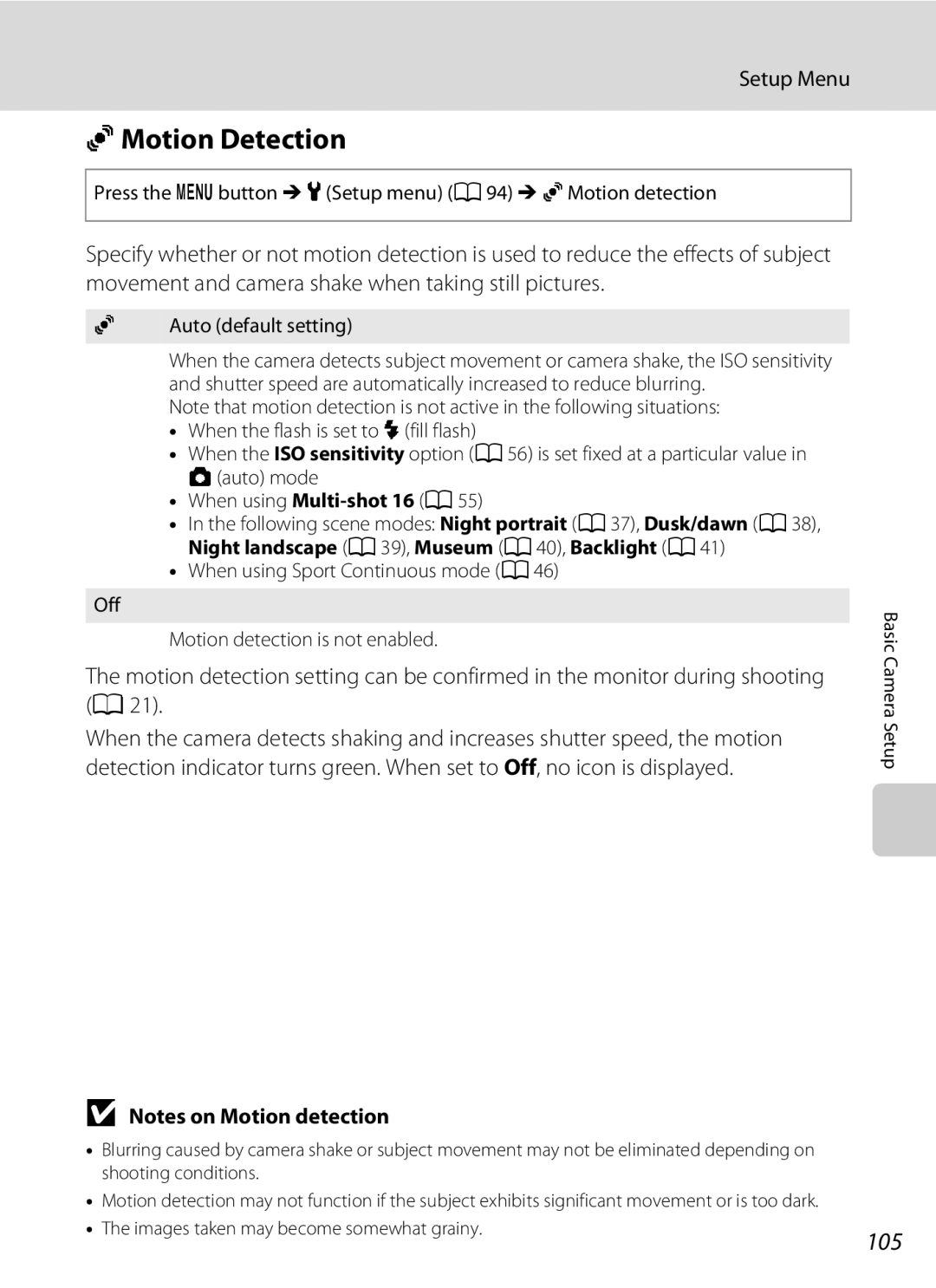 Nikon COOLPIXL110BK, COOLPIXL110RED UMotion Detection, 105, Press the d button M zSetup menu a 94 M UMotion detection 