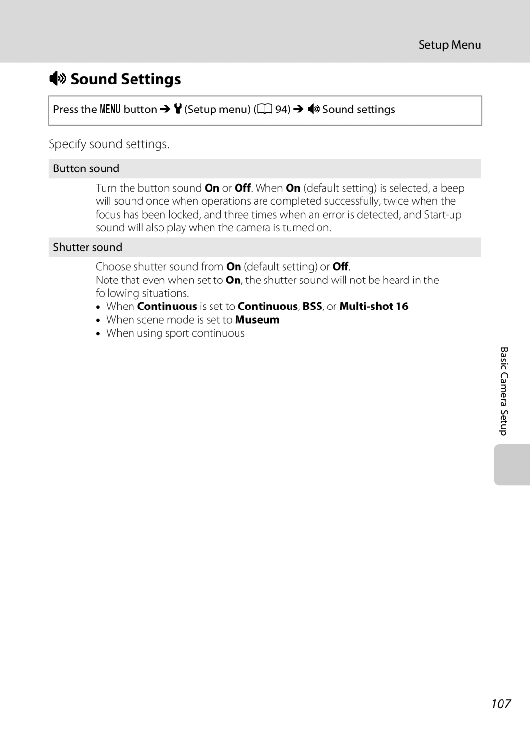 Nikon Coolpix L110 ISound Settings, 107, Specify sound settings, When Continuous is set to Continuous, BSS, or Multi-shot 