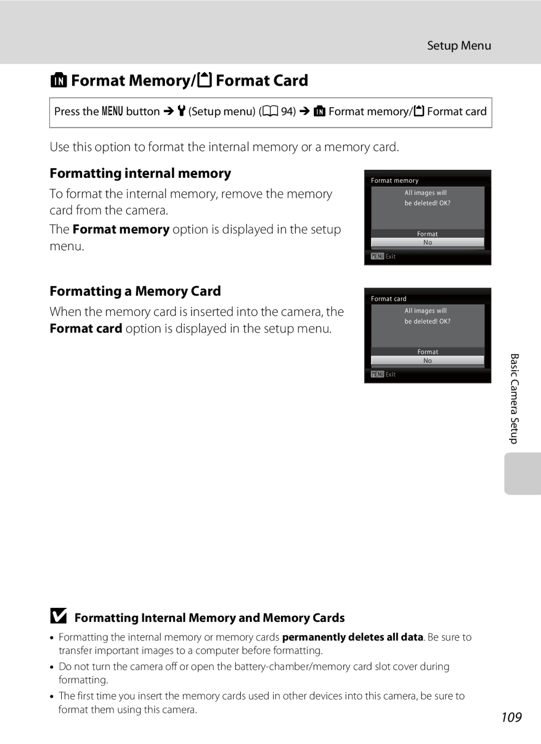 Nikon COOLPIXL110BK, COOLPIXL110RED Format Memory/mFormat Card, Formatting internal memory, Formatting a Memory Card, 109 