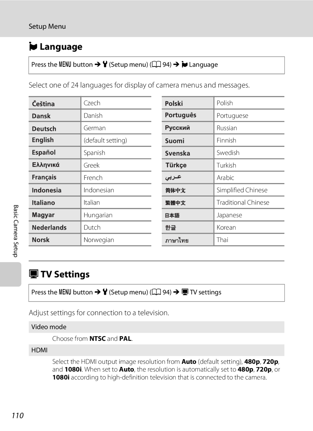 Nikon COOLPIXL110RED, COOLPIXL110BK, Coolpix L110 Language, HTV Settings, Adjust settings for connection to a television 