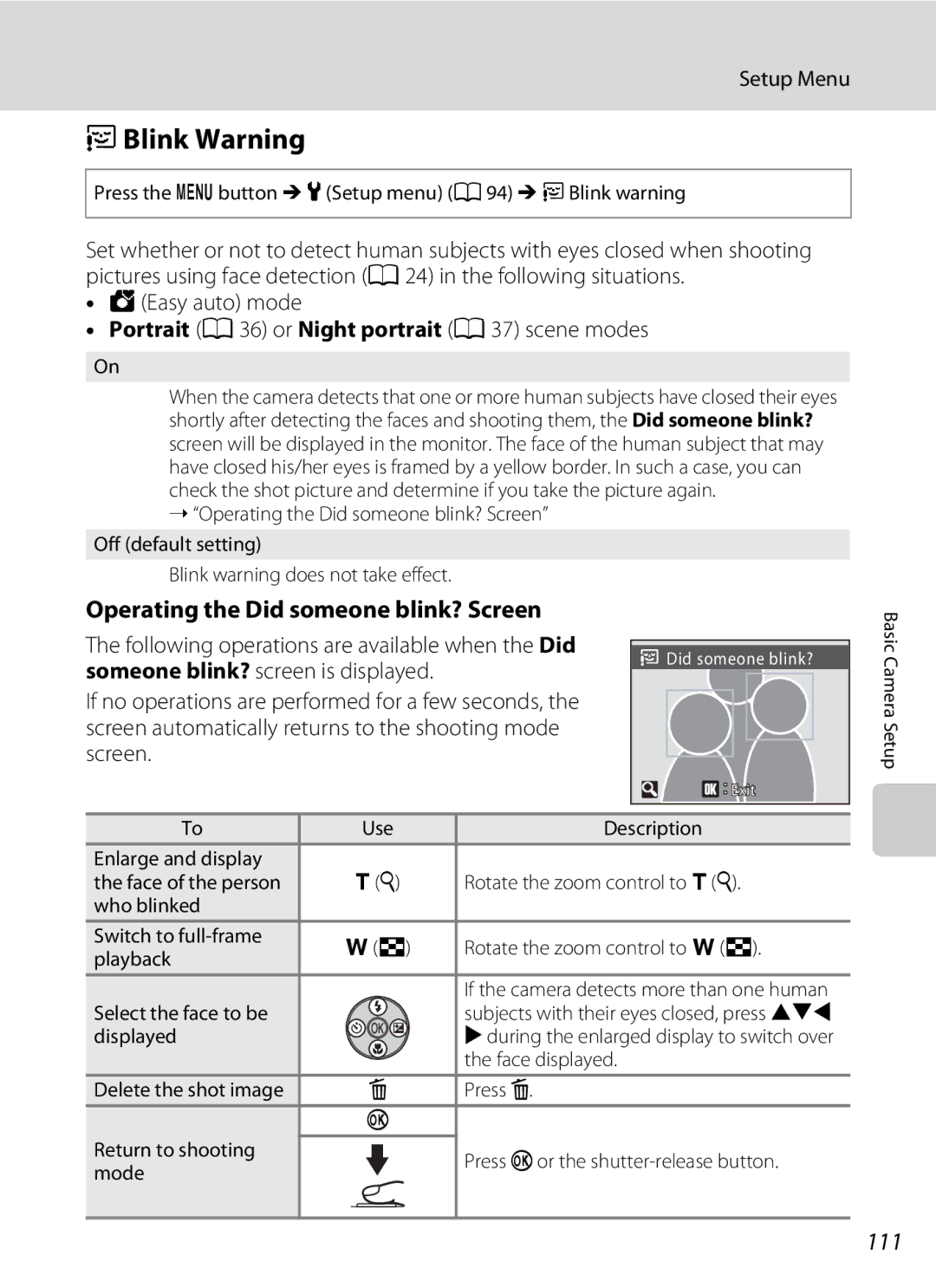 Nikon Coolpix L110, COOLPIXL110BK, COOLPIXL110RED user manual DBlink Warning, Operating the Did someone blink? Screen, 111 