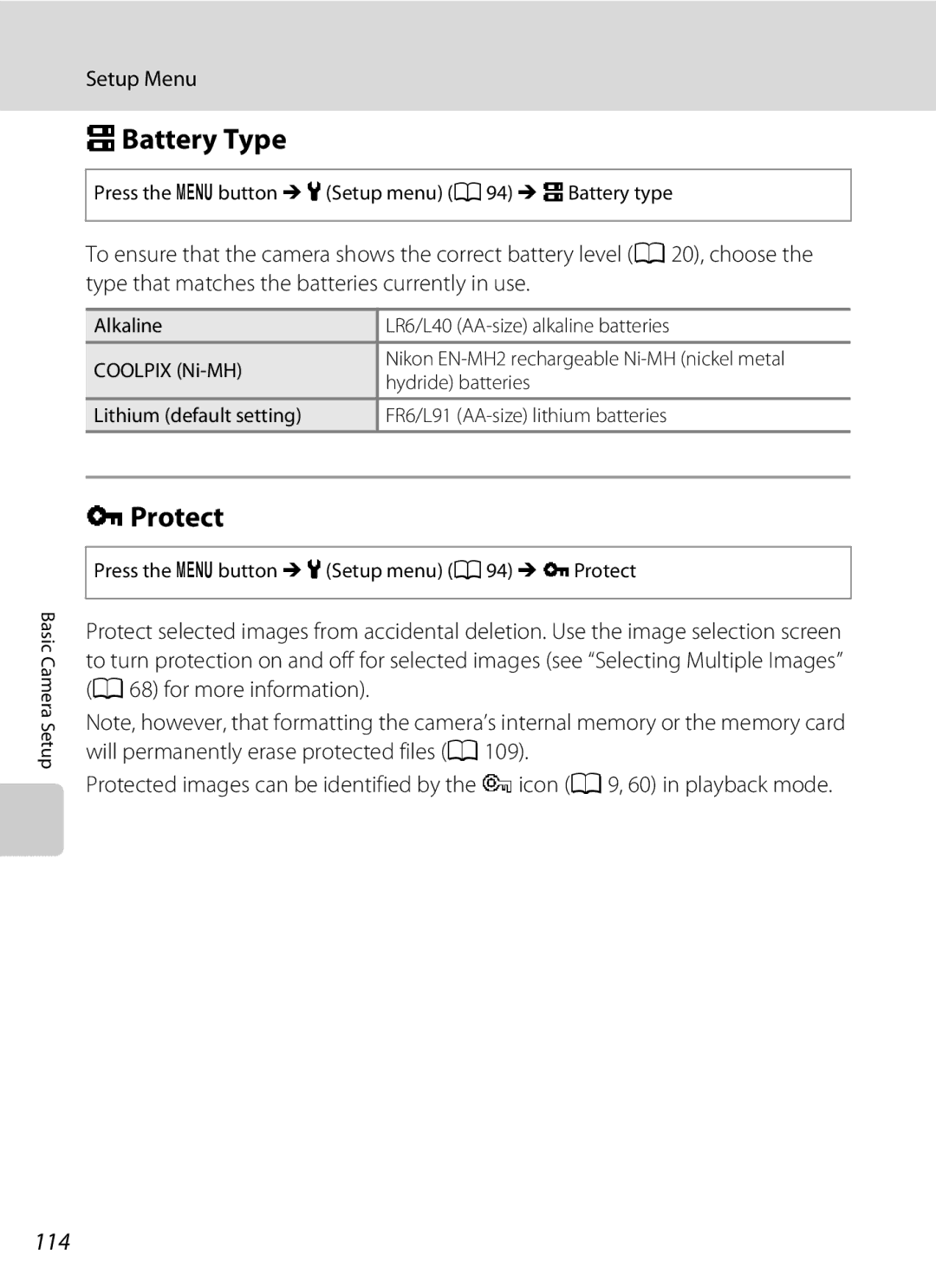 Nikon COOLPIXL110RED, COOLPIXL110BK, Coolpix L110 user manual SBattery Type, Protect, 114 