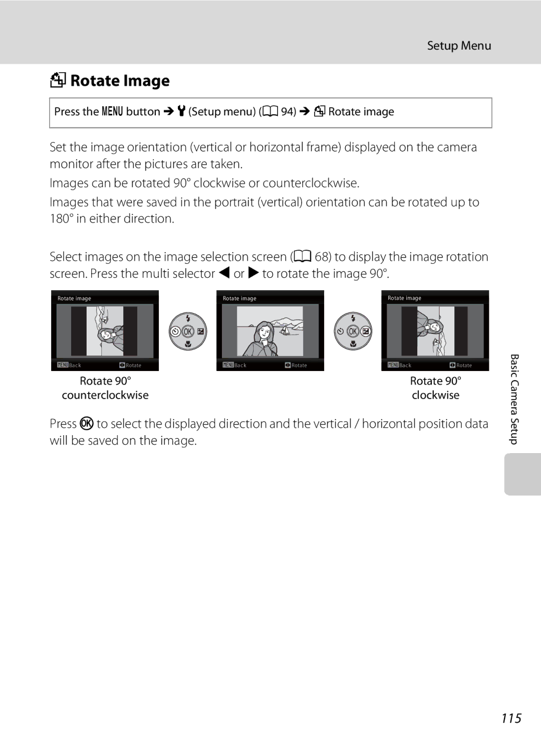 Nikon Coolpix L110, COOLPIXL110BK, COOLPIXL110RED FRotate Image, 115, Press the d button M zSetup menu a 94 M fRotate image 