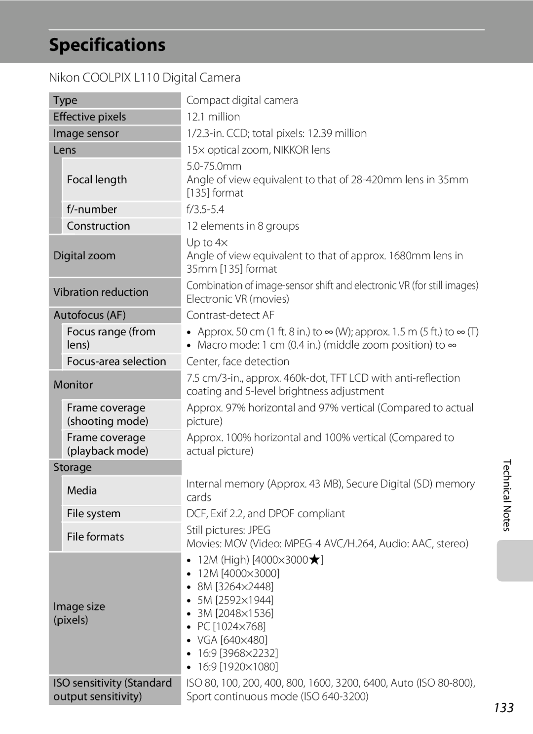 Nikon COOLPIXL110BK, COOLPIXL110RED user manual Specifications, 133, Nikon Coolpix L110 Digital Camera 