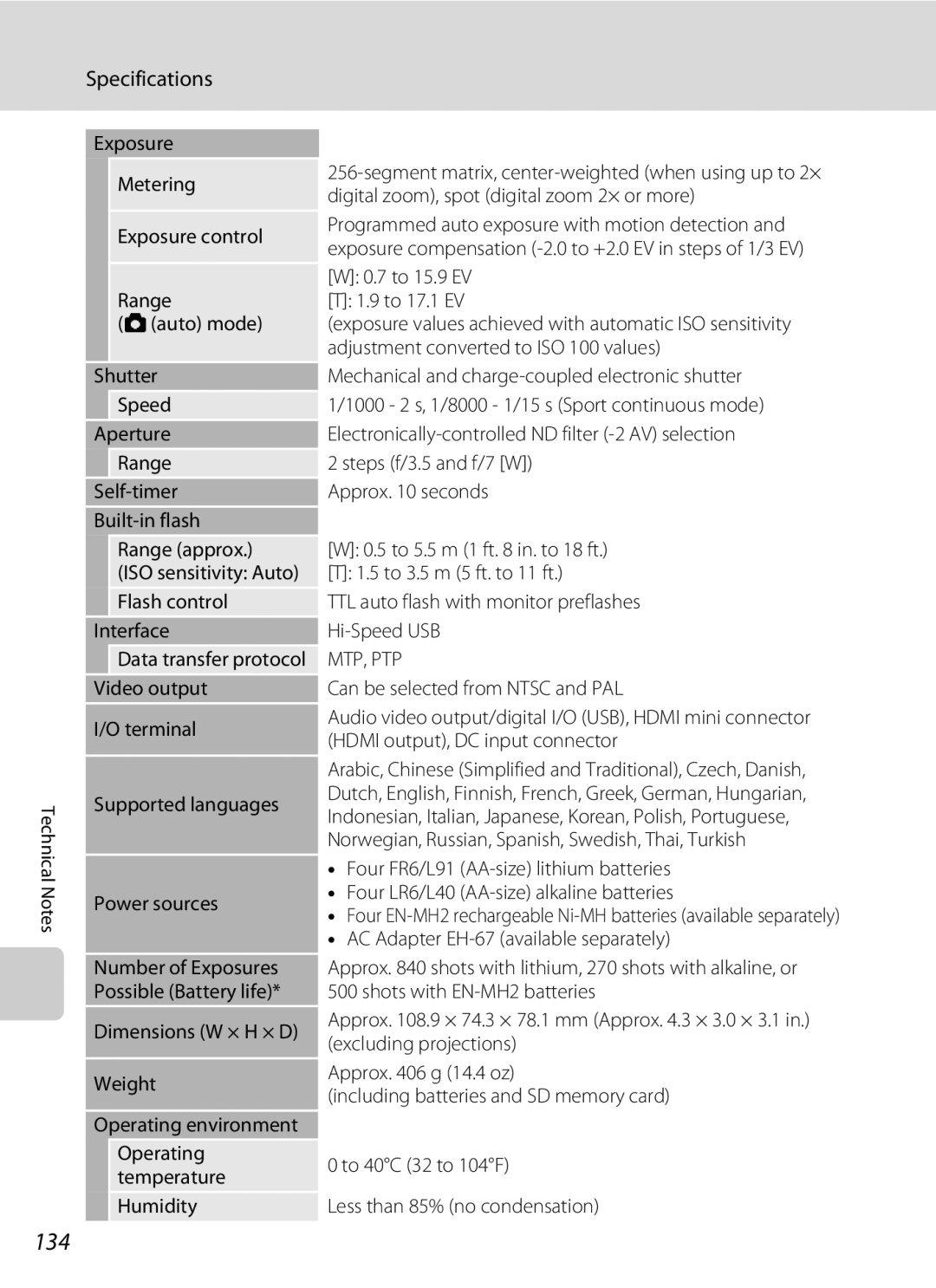 Nikon COOLPIXL110RED, COOLPIXL110BK, Coolpix L110 user manual 134, Specifications 