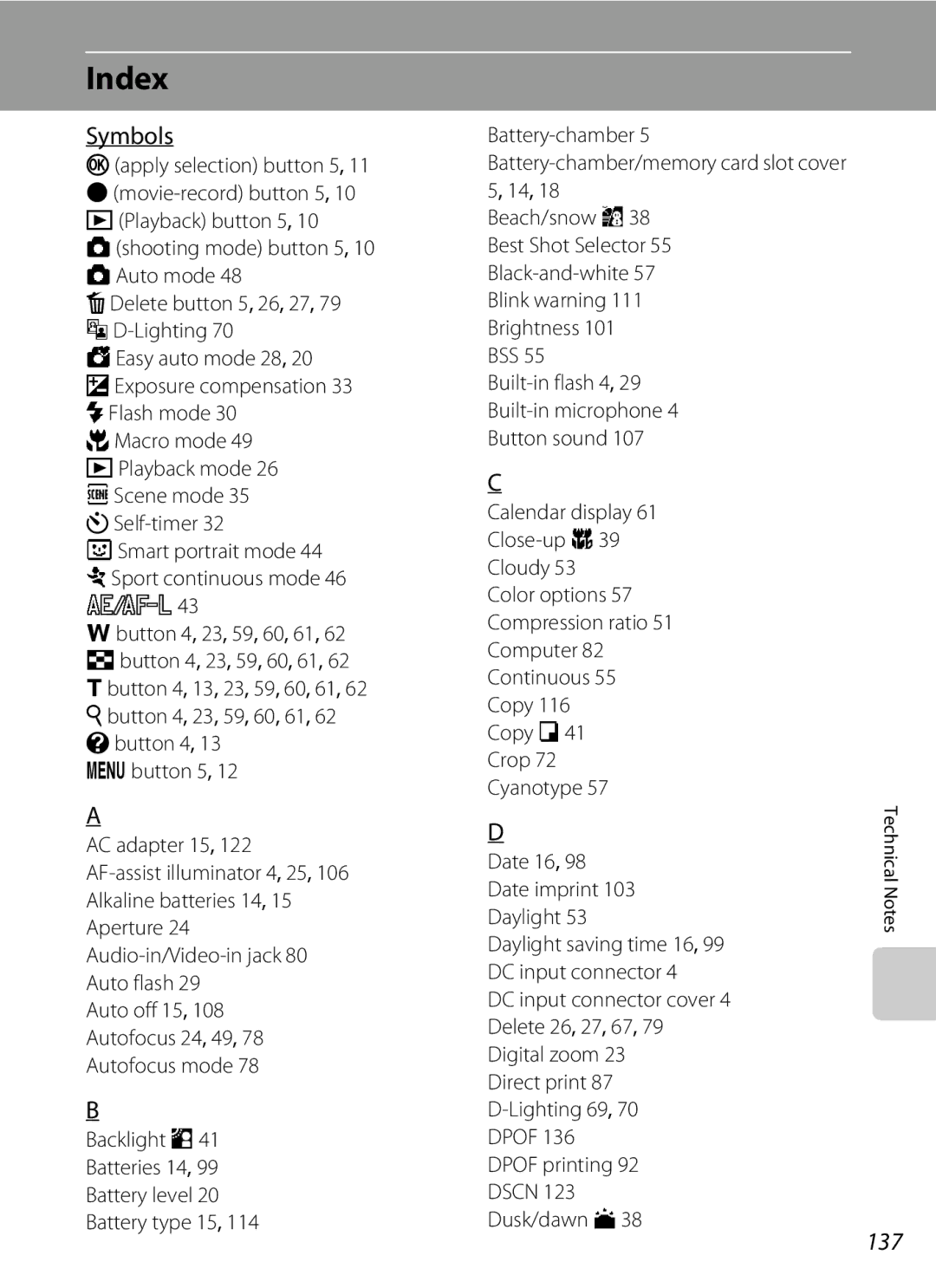 Nikon COOLPIXL110BK, COOLPIXL110RED, Coolpix L110 user manual Index, Symbols, 137 