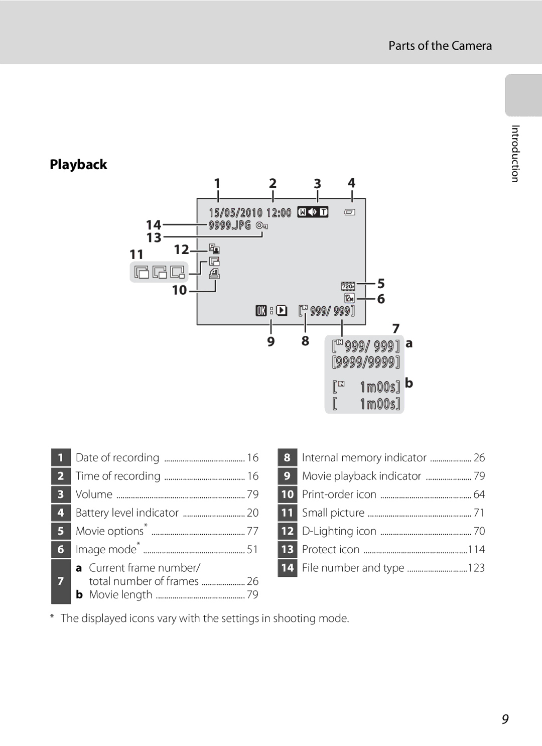 Nikon COOLPIXL110BK Playback, Current frame number, 114, 123, Displayed icons vary with the settings in shooting mode 