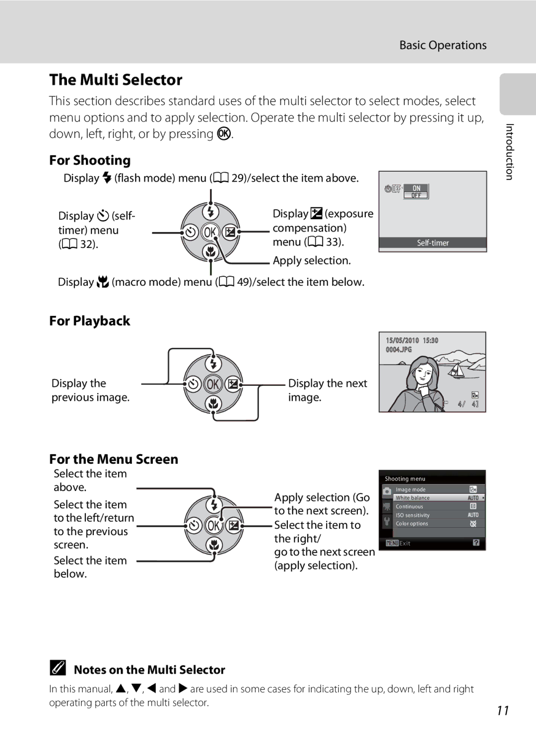 Nikon Coolpix L110, COOLPIXL110BK Multi Selector, For Shooting, For Playback, For the Menu Screen, Basic Operations 