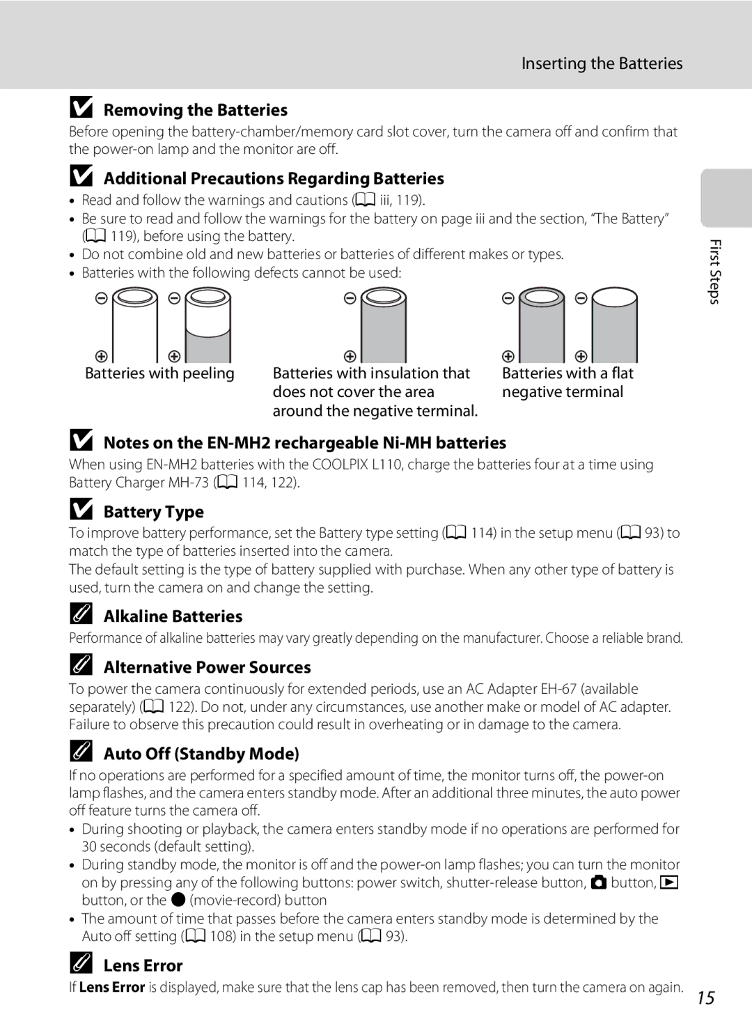 Nikon Coolpix L110 Removing the Batteries, Additional Precautions Regarding Batteries, Battery Type, Alkaline Batteries 