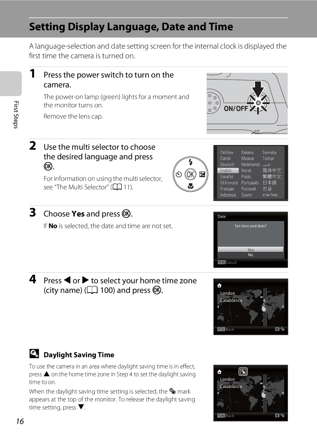 Nikon L110 Setting Display Language, Date and Time, Press the power switch to turn on the camera, Choose Yes and press k 