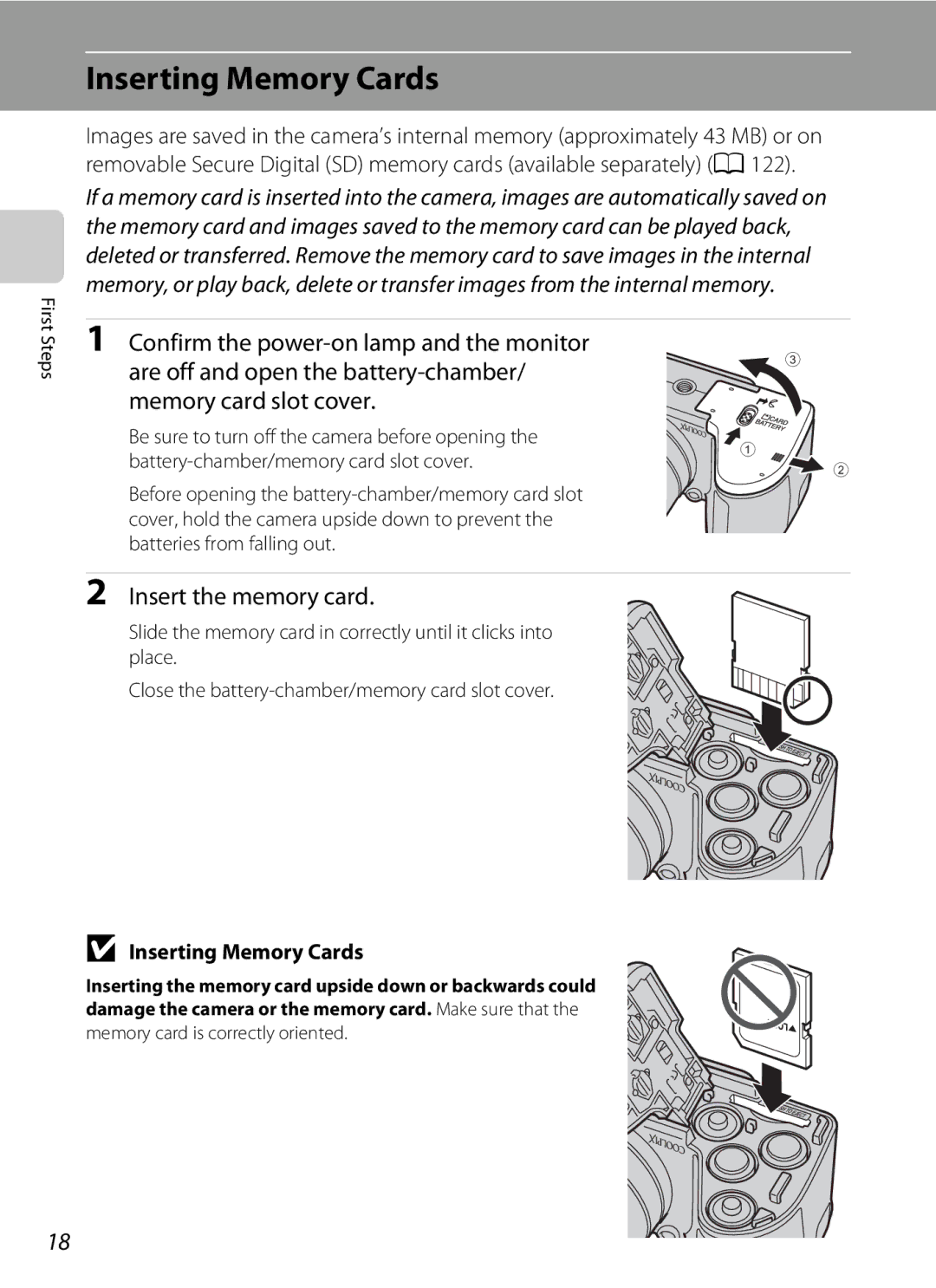 Nikon COOLPIXL110RED, COOLPIXL110BK, Coolpix L110 user manual Inserting Memory Cards, Insert the memory card 