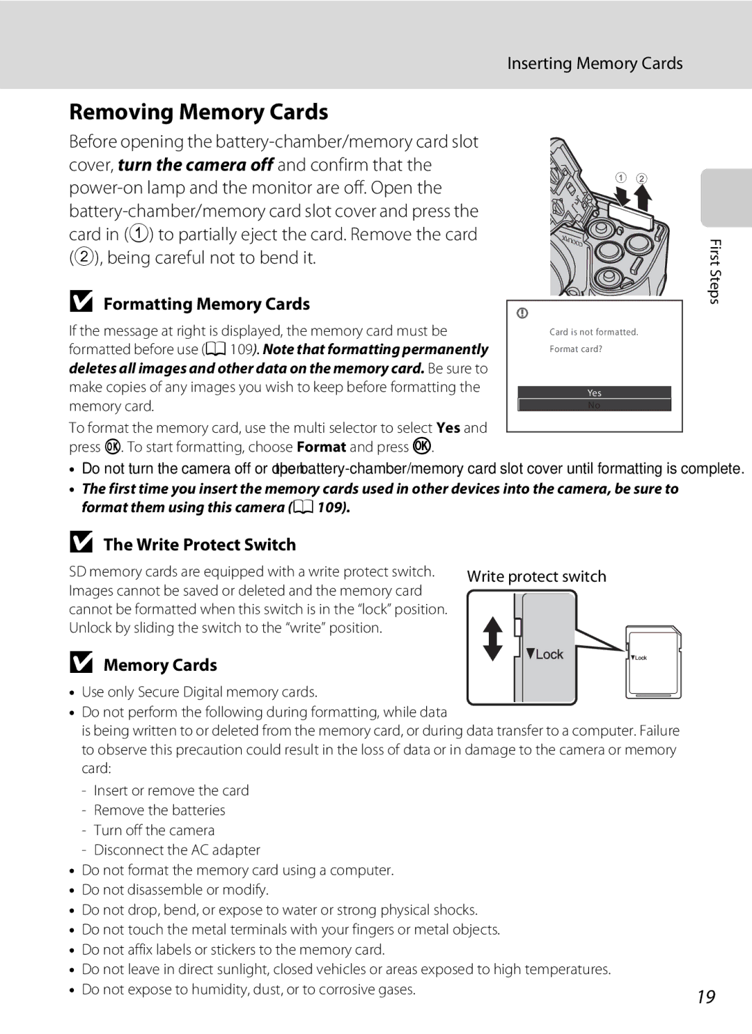 Nikon Coolpix L110 user manual Removing Memory Cards, Inserting Memory Cards, Formatting Memory Cards, Write Protect Switch 