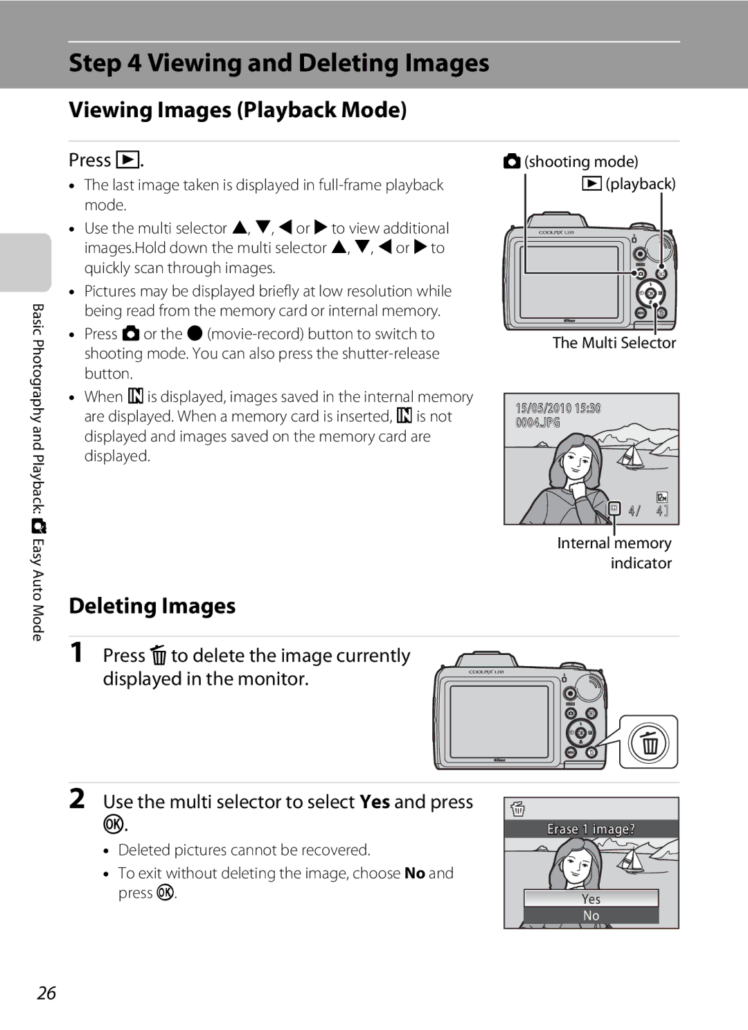 Nikon COOLPIXL110RED, COOLPIXL110BK Viewing and Deleting Images, Viewing Images Playback Mode, Press c, Cplayback 