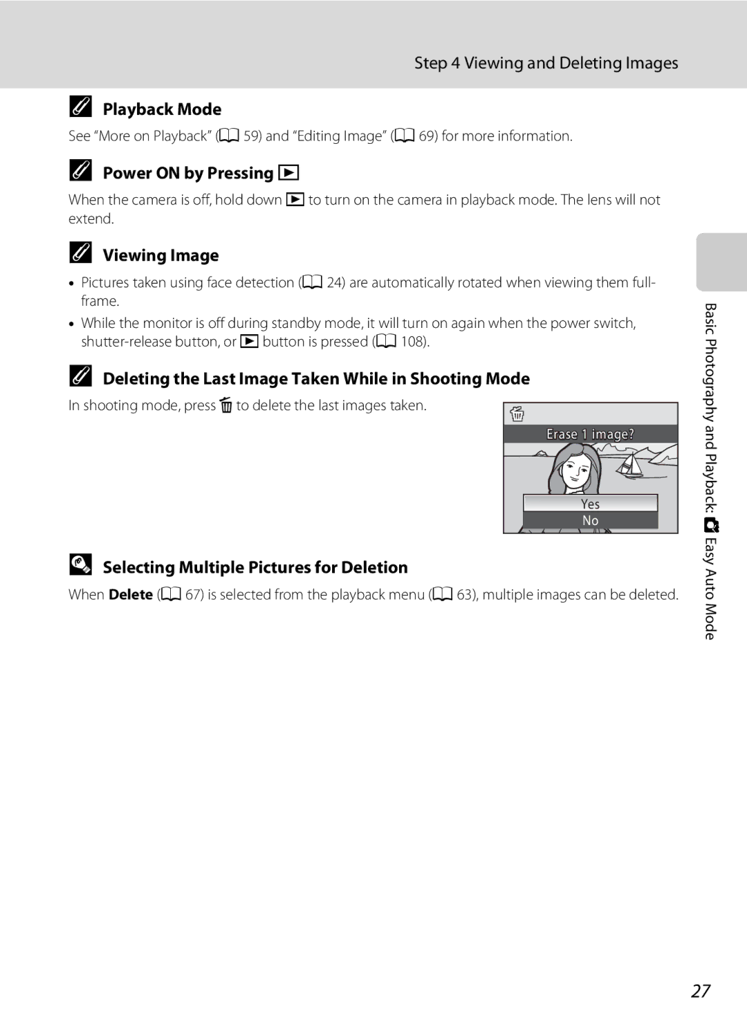 Nikon Coolpix L110 Playback Mode, Power on by Pressing c, Viewing Image, Selecting Multiple Pictures for Deletion 