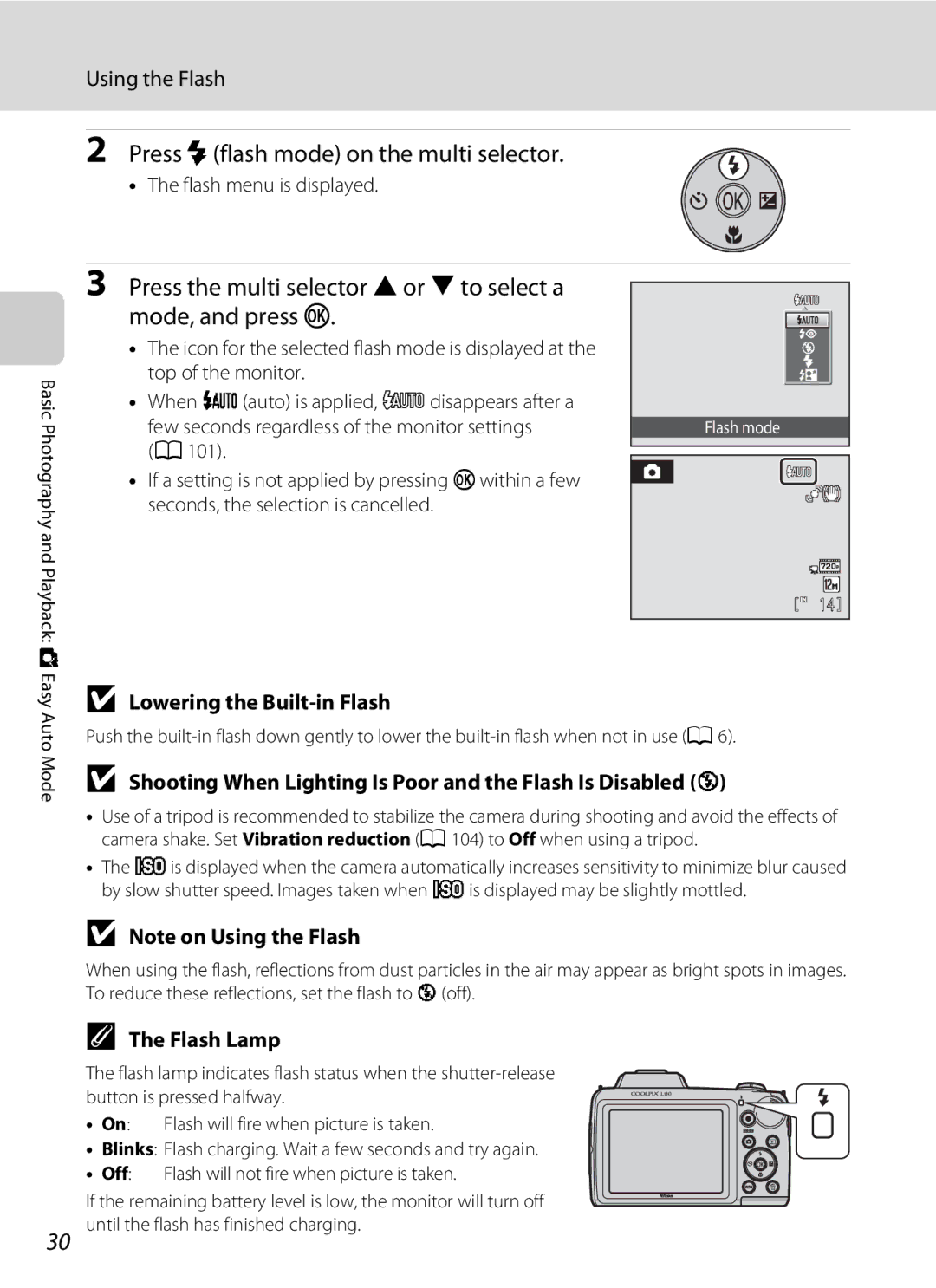 Nikon COOLPIXL110RED Press mflash mode on the multi selector, Press the multi selector Hor Ito select a mode, and press k 