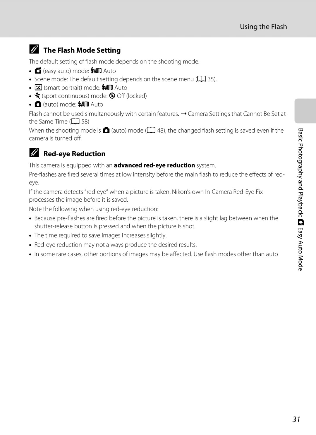 Nikon Coolpix L110, COOLPIXL110BK, COOLPIXL110RED user manual Flash Mode Setting, Red-eye Reduction 