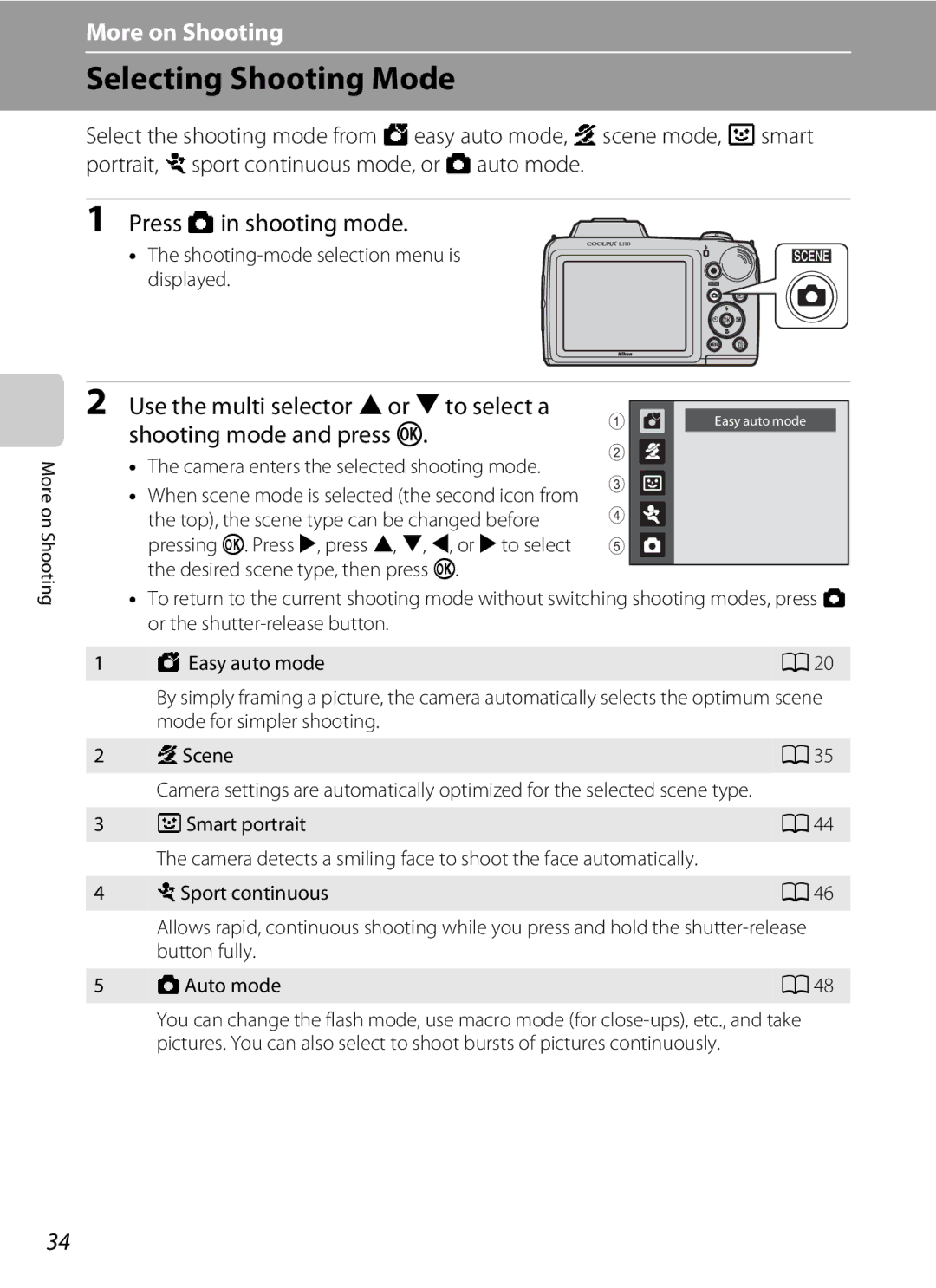 Nikon COOLPIXL110RED, COOLPIXL110BK, Coolpix L110 user manual Selecting Shooting Mode, Press Ain shooting mode 