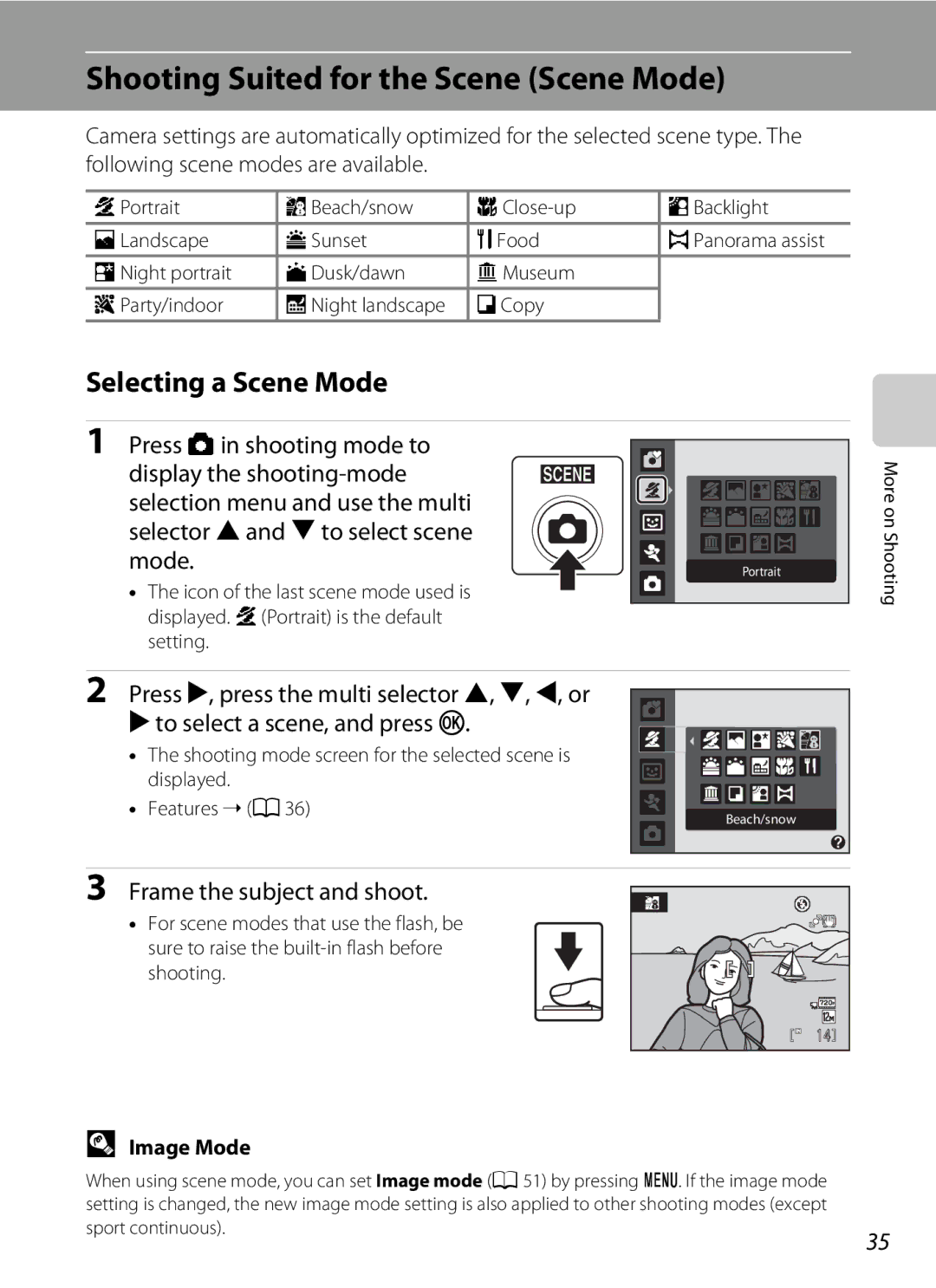 Nikon Coolpix L110 Shooting Suited for the Scene Scene Mode, Selecting a Scene Mode, Frame the subject and shoot 