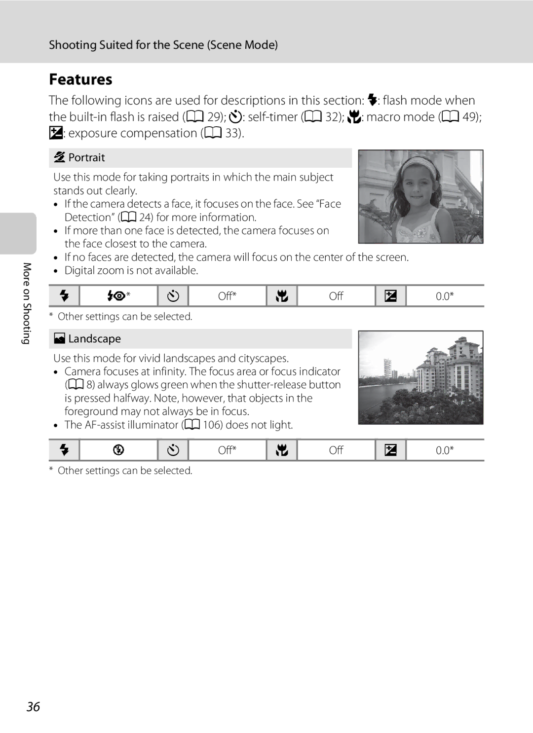 Nikon L110 user manual Features, Shooting Suited for the Scene Scene Mode, Off, AF-assist illuminator a 106 does not light 