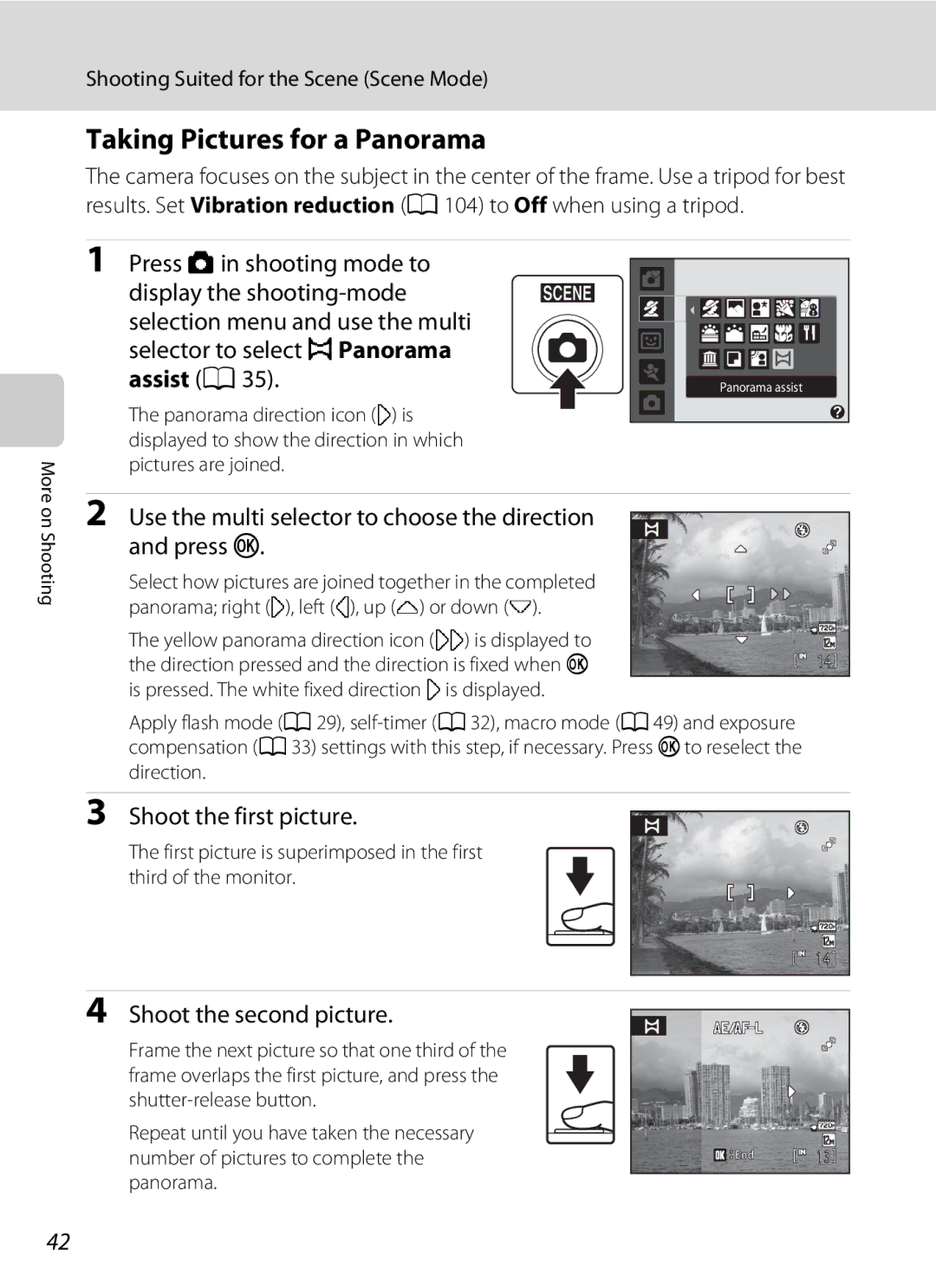 Nikon COOLPIXL110RED user manual Taking Pictures for a Panorama, Use the multi selector to choose the direction and press k 