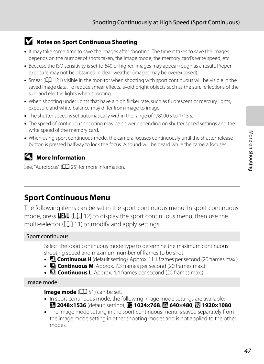 Nikon Coolpix L110 Sport Continuous Menu, Shooting Continuously at High Speed Sport Continuous, Sport continuous 