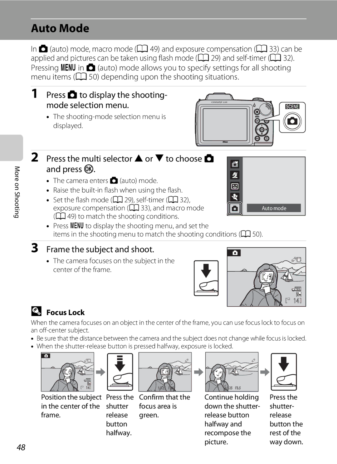 Nikon COOLPIXL110BK, COOLPIXL110RED Auto Mode, Press Ato display the shooting- mode selection menu, Focus Lock 